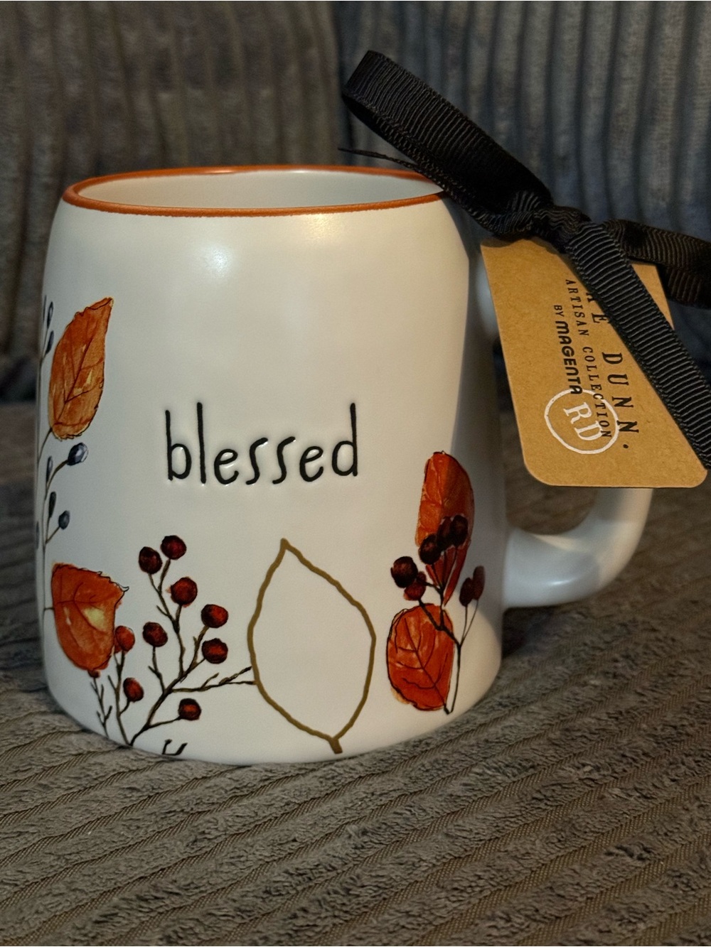 Rae Dunn ✨White Ceramic Mug with Orange Leaf and Berry Motif BLESSED- NWT